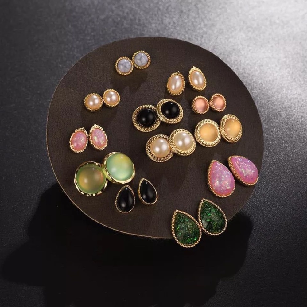 12 Pairs Retro Opal Enamel Stud Gold Earrings Set - Picture 10 of 11